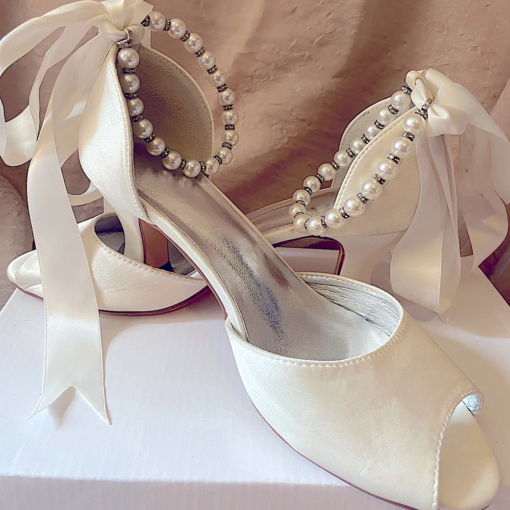 Pearled Anklet Satin Bow Heels